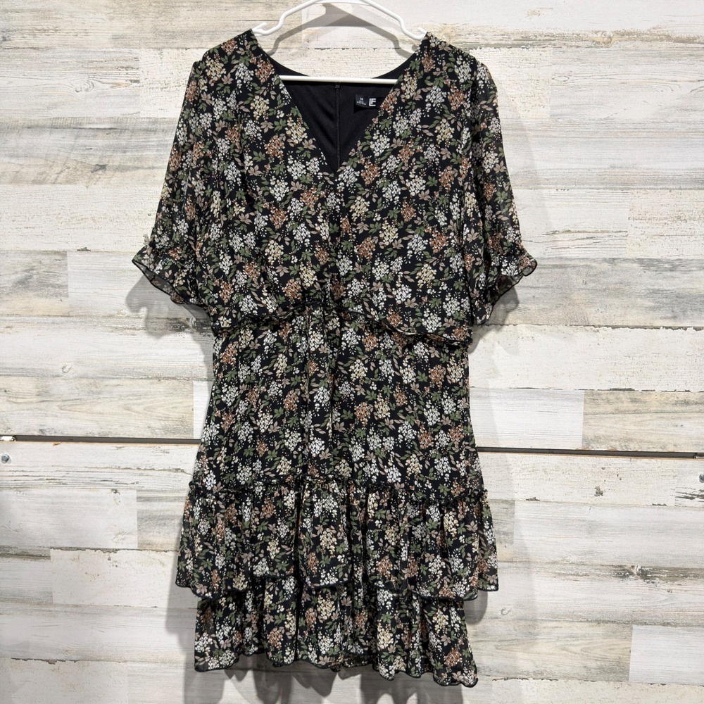 Leslie Fay Floral Mini Dress Women 14 Black Ruffle Tiered Cottagecore EUC